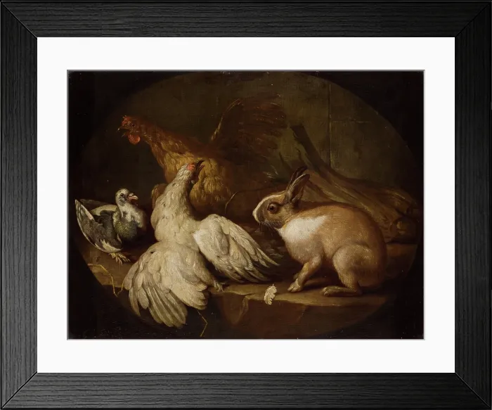 Framed Print : Hens, a Pigeon and a Rabbit, between 1718-1720. Creator: Giovanni Agostino Cassana Framed Print : Hens, a Pigeon and a Rabbit, between 1718-1720. Creator: Giovanni Agostino Cassana