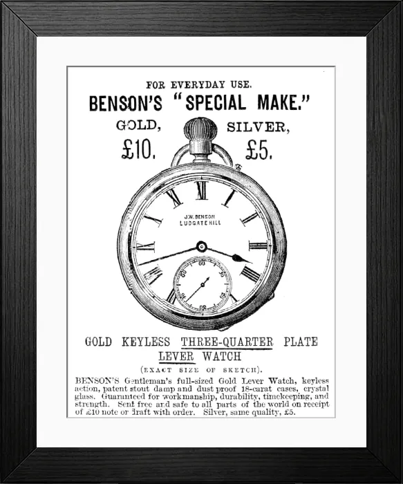 Framed Print : Benson's 'Special Make' Gold Keyless Three-Quarter Plate Lever Watch, 1883 Framed Print : Benson's 'Special Make' Gold Keyless Three-Quarter Plate Lever Watch, 1883