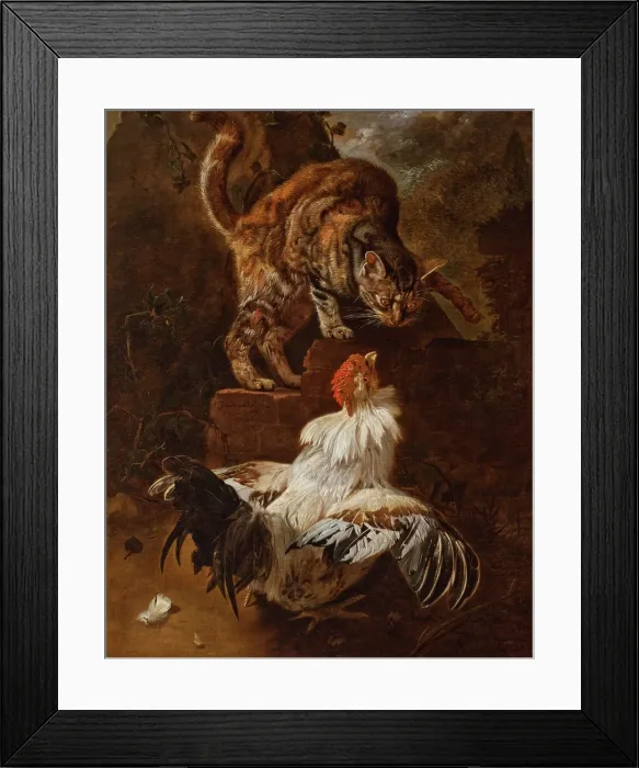 Framed Print : Fight of a Cock and a Cat, 1674. Creator: Jacomo Victors Framed Print : Fight of a Cock and a Cat, 1674. Creator: Jacomo Victors