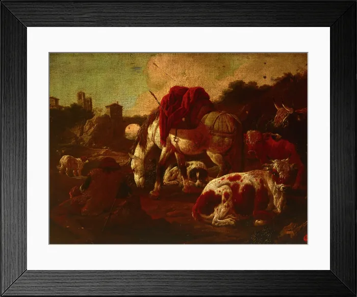 Framed Print : Saddled Horse and Cattle, 18th century. Creator: Unknown Framed Print : Saddled Horse and Cattle, 18th century. Creator: Unknown