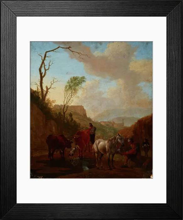 Framed Print : Landscape with Shepherds and Cattle at the Watering Place, 1st half of 18th century. Creator: Unknown Framed Print : Landscape with Shepherds and Cattle at the Watering Place, 1st half of 18th century. Creator: Unknown