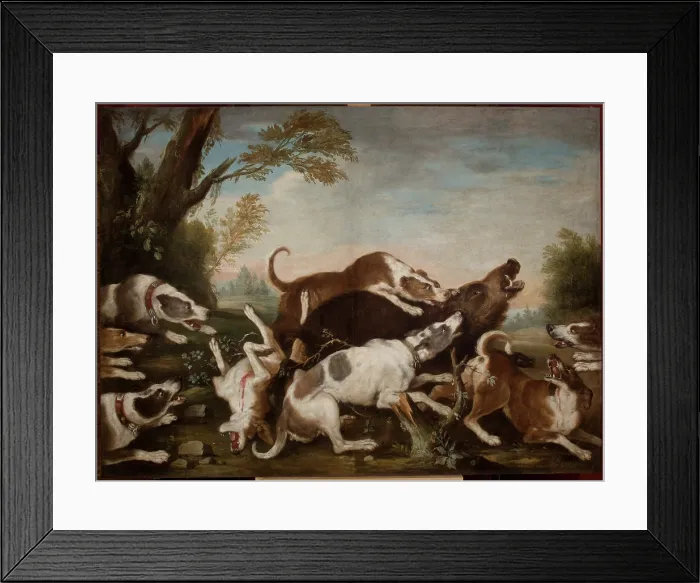 Framed Print : Hunting Scene (Dogs Attacking Wild Boar), 1st quarter of 18th century. Creator: Joseph Anton Harzath Framed Print : Hunting Scene (Dogs Attacking Wild Boar), 1st quarter of 18th century. Creator: Joseph Anton Harzath