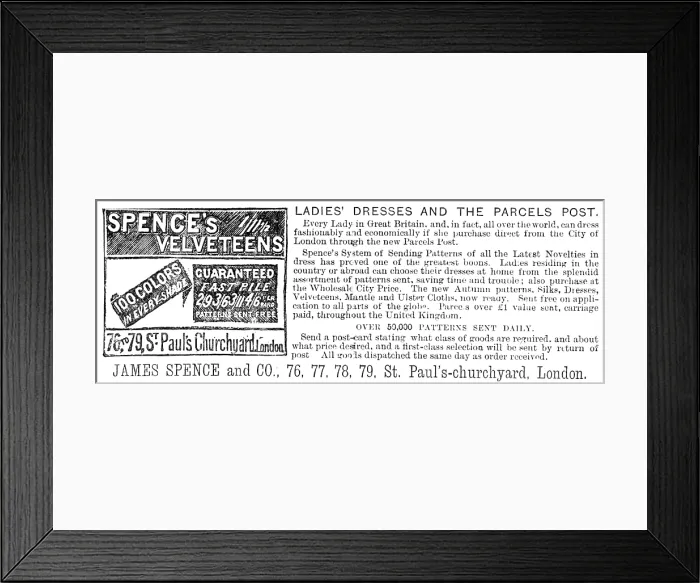 Framed Print : Spence's Velveteens, 1883. Creator: Unknown. Spence's Velveteens, 1883. Creator: Unknown Framed Print : Spence's Velveteens, 1883. Creator: Unknown. Spence's Velveteens, 1883. Creator: Unknown