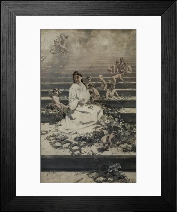 Framed Print : Wreath-Weaving (Our Lady of the Herbs), 'Queen of Heaven. Legends of the Virgin Mary', 1894. Creator: Piotr Stachiewicz Framed Print : Wreath-Weaving (Our Lady of the Herbs), 'Queen of Heaven. Legends of the Virgin Mary', 1894. Creator: Piotr Stachiewicz