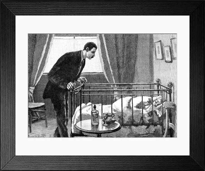 Framed Print : He stepped lightly to the foot of the bed, and gazed earnestly at the little occupant, 1883. Creator: R. Taylor Framed Print : He stepped lightly to the foot of the bed, and gazed earnestly at the little occupant, 1883. Creator: R. Taylor