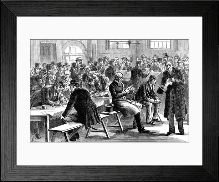 Framed Print : Sketches in Scotland-Yard: pension-day for the retired policemen, 1883. Creator: Unknown Framed Print : Sketches in Scotland-Yard: pension-day for the retired policemen, 1883. Creator: Unknown