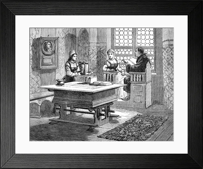Framed Print : The Luther Celebration in Germany: Luther and his wife in their home at Wittenberg, 1883. Creator: Unknown Framed Print : The Luther Celebration in Germany: Luther and his wife in their home at Wittenberg, 1883. Creator: Unknown
