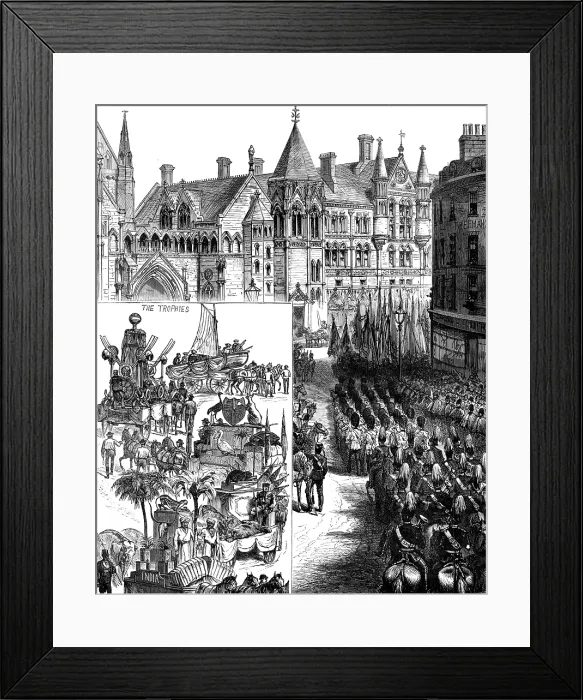Framed Print : Lord Mayor's Day: procession waiting outside the new Law Courts - Indian and Colonial Trophies Framed Print : Lord Mayor's Day: procession waiting outside the new Law Courts - Indian and Colonial Trophies