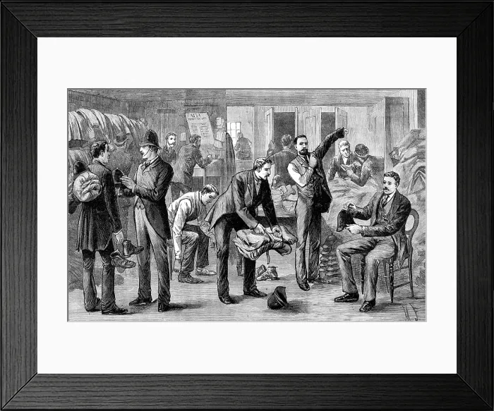 Framed Print : Sketches in Scotland-Yard: serving out clothing to the police, 1883. Creator: Unknown Framed Print : Sketches in Scotland-Yard: serving out clothing to the police, 1883. Creator: Unknown