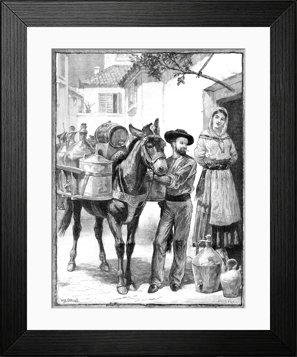 Framed Print : A vendor of oil and vinegar: a sketch near Lisbon, 1883. Creator: Eugene Froment Framed Print : A vendor of oil and vinegar: a sketch near Lisbon, 1883. Creator: Eugene Froment