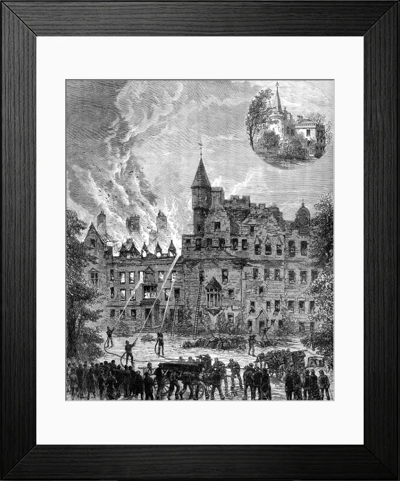 Framed Print : Fire at Cortachy Castle, Scotland, the seat of the Earl of Airlie, 1883. Creator: Unknown Framed Print : Fire at Cortachy Castle, Scotland, the seat of the Earl of Airlie, 1883. Creator: Unknown