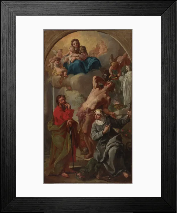 Framed Print : Madonna and Child with Saints Sebastian, Paul and Martha (Acceptance of Saint... early 18th century Creator: Francesco Solimena) Framed Print : Madonna and Child with Saints Sebastian, Paul and Martha (Acceptance of Saint... early 18th century Creator: Francesco Solimena)