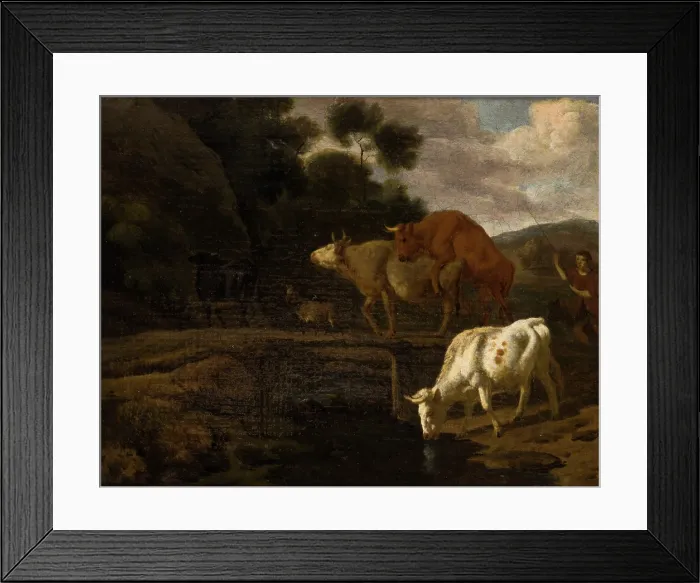 Framed Print : Cows on a Footbridge, 2nd half of 17th century. Creator: Dirk van Bergen