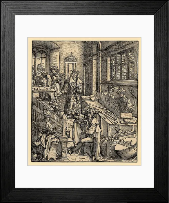 Framed Print : Der Weisskunig: The young Maximilian in a room filled with a wide range of musicals... 1514-16. Creator: Burgkmair, Hans, the Elder (1473-1531) Framed Print : Der Weisskunig: The young Maximilian in a room filled with a wide range of musicals... 1514-16. Creator: Burgkmair, Hans, the Elder (1473-1531)