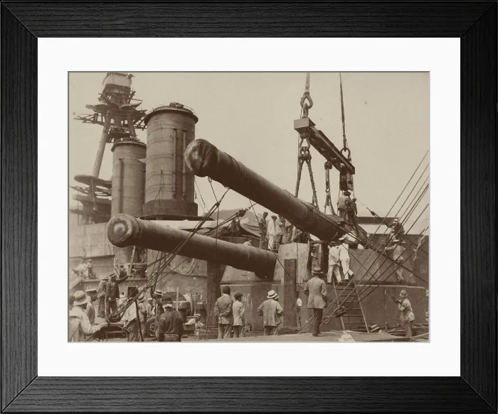 Framed Print : Installation of a gun in the Japanese battleship Hyuga at the Mitsubishi Nagasaki Shipyard, 1917-18. Creator: Anonymous Framed Print : Installation of a gun in the Japanese battleship Hyuga at the Mitsubishi Nagasaki Shipyard, 1917-18. Creator: Anonymous