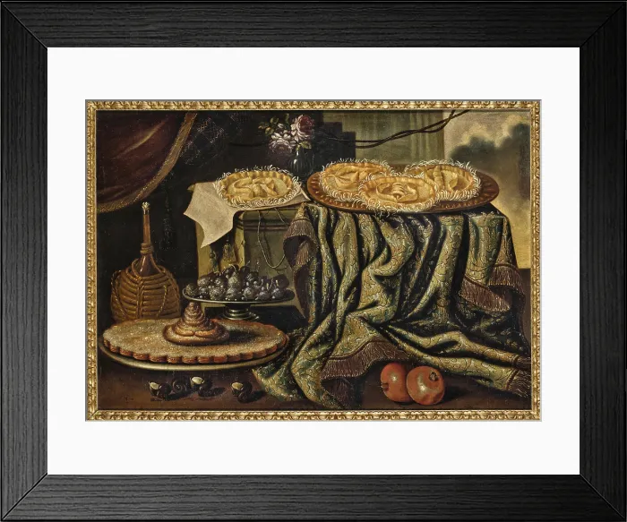 Framed Print : Cake and a glass vase with roses on a draped ledge, a bottle and pewter plates... Early 18th cen. Creator: Anonymous Framed Print : Cake and a glass vase with roses on a draped ledge, a bottle and pewter plates... Early 18th cen. Creator: Anonymous