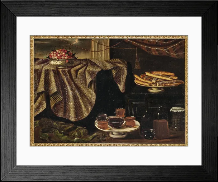 Framed Print : Cherries in a porcelain bowl on a draped table, a plate of cookies, jars of honey... Early 18th cen Creator: Anonymous