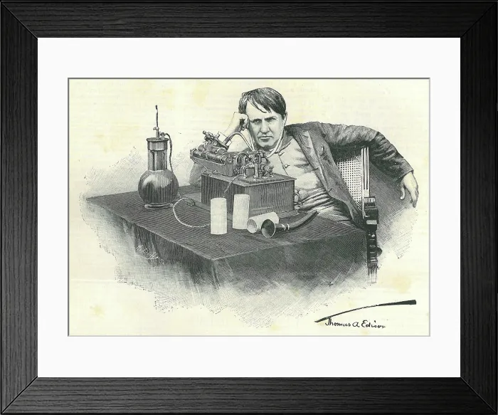 Framed Print : Thomas Alva Edison and his phonograph, 1905. Creator: Dochy, Henri (1851-1915) Framed Print : Thomas Alva Edison and his phonograph, 1905. Creator: Dochy, Henri (1851-1915)