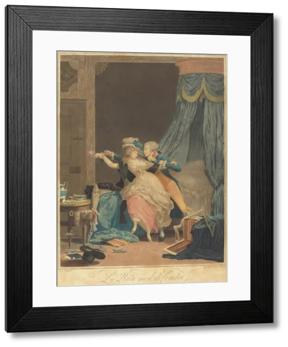Framed Print : La Rose mal defendue (The Poorly Defended Rose), 1791. Creator: Debucourt, Philibert-Louis (1755-1832) Framed Print : La Rose mal defendue (The Poorly Defended Rose), 1791. Creator: Debucourt, Philibert-Louis (1755-1832)
