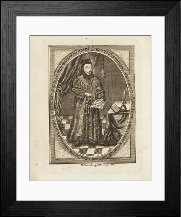 Framed Print : Theoklitos Polyeidis (1698-1759). Frontispiece from: Sacra tuba fidei, 1736. Creator: Schmidt, Johann Georg (1694-1767) Framed Print : Theoklitos Polyeidis (1698-1759). Frontispiece from: Sacra tuba fidei, 1736. Creator: Schmidt, Johann Georg (1694-1767)