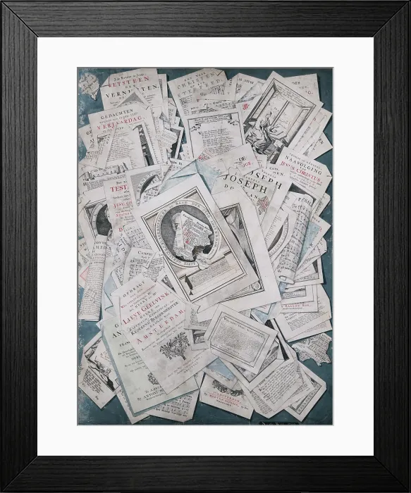 Framed Print : Trompe l'oeil. Prints and book tear-outs, 1740. Creator: Wit, Nicolaas de (active ca 1740). Trompe l'oeil. Prints and book tear-outs, 1740 Framed Print : Trompe l'oeil. Prints and book tear-outs, 1740. Creator: Wit, Nicolaas de (active ca 1740). Trompe l'oeil. Prints and book tear-outs, 1740