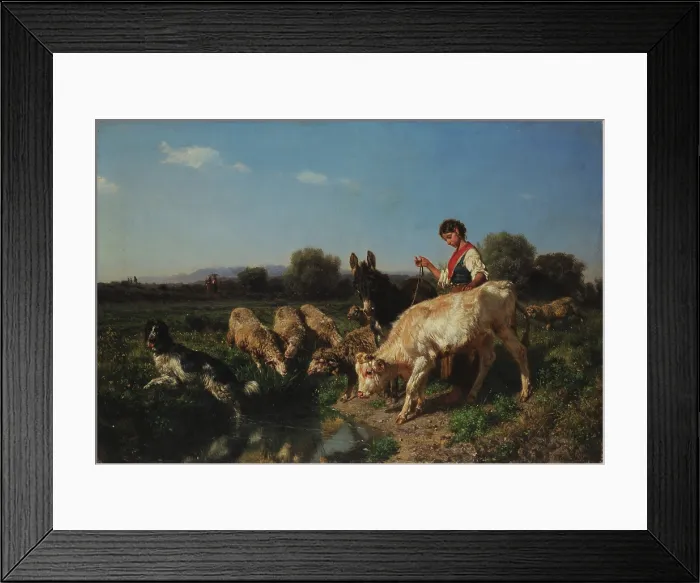 Framed Print : At the watering place. Pastoral scene. Midday. Group of goats and children, 1867. Creator: Palizzi, Filippo (1818-1899) Framed Print : At the watering place. Pastoral scene. Midday. Group of goats and children, 1867. Creator: Palizzi, Filippo (1818-1899)