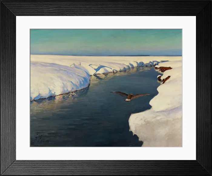 Framed Print : Winter landscape with river and bird, 1913. Creator: Falat, Julian (1853-1929) Framed Print : Winter landscape with river and bird, 1913. Creator: Falat, Julian (1853-1929)