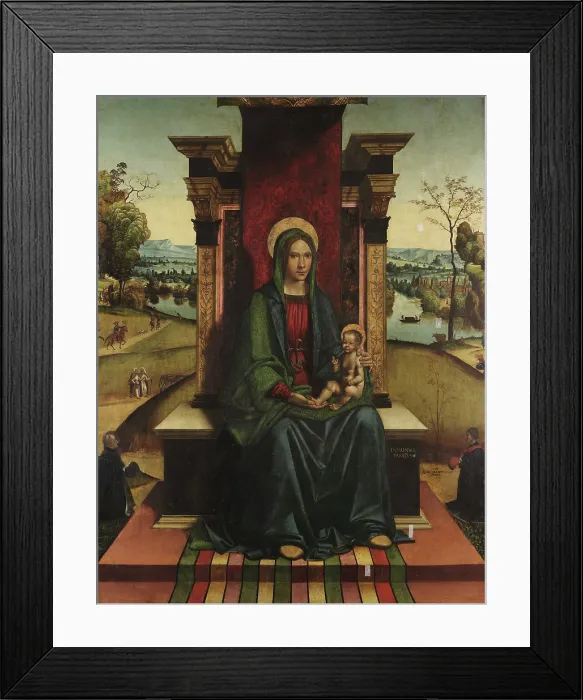 Framed Print : Virgin with Child enthroned with donors, 1497-1500. Creator: Panetti, Domenico (1460-1530)