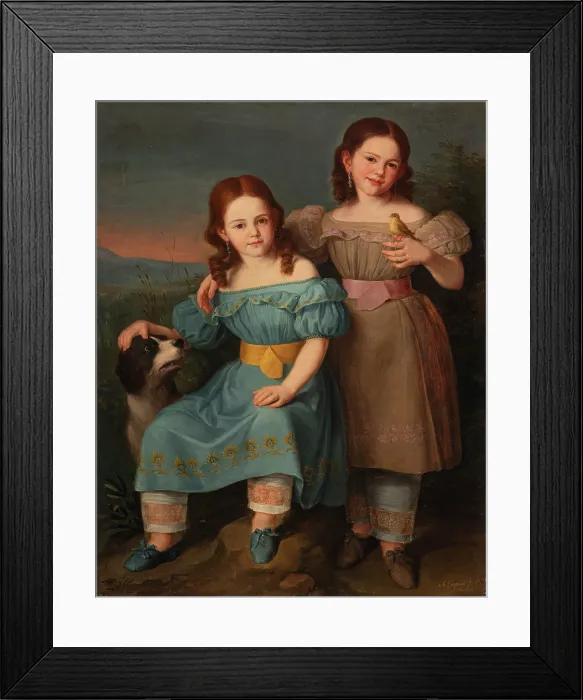 Framed Print : Portrait of two girls in a landscape, 1831. Creator: Esquivel, Antonio Maria (1806-1857) Framed Print : Portrait of two girls in a landscape, 1831. Creator: Esquivel, Antonio Maria (1806-1857)