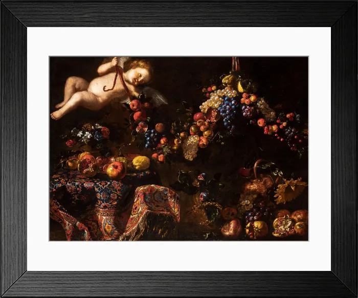 Framed Print : Still Life with a Turkish Carpet and a Putto Holding a Garland of Fruit, c1650. Creator: Noletti (il Maltese), Francesco (1611-1654) Framed Print : Still Life with a Turkish Carpet and a Putto Holding a Garland of Fruit, c1650. Creator: Noletti (il Maltese), Francesco (1611-1654)