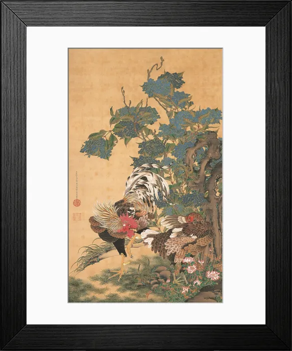 Framed Print : Rooster, Hen and Hydrangeas, c1755. Creator: Jakuchu, Ito (1716-1800)