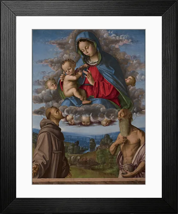 Framed Print : Madonna and Child in glory with the Saints Francis and Jerome, 1512. Creator: Zaganelli, Francesco (ca 1470-1532)
