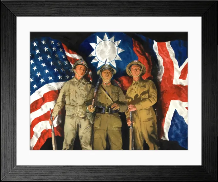 Framed Print : American, Chinese and British soldiers with flags of their countries, WWII poster, October 1943. Creator: Central Office of Information Framed Print : American, Chinese and British soldiers with flags of their countries, WWII poster, October 1943. Creator: Central Office of Information