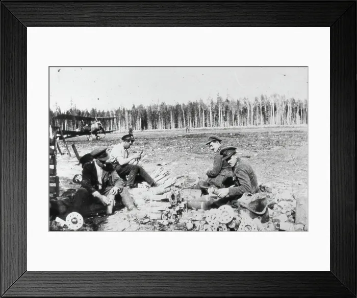 Framed Print : Royal Engineers Special Brigade officers and Thomas Davies servant assembling M bombs... 1919. Creator: Unknown Framed Print : Royal Engineers Special Brigade officers and Thomas Davies servant assembling M bombs... 1919. Creator: Unknown