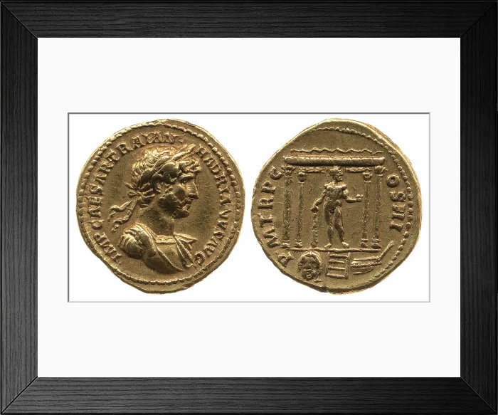 Framed Print : Aureus of Hadrian. Obverse: Laurel head of Hadrian on the right. Reverse: Statue of Hercules, 119... Creator: Numismatic, Ancient Coins Framed Print : Aureus of Hadrian. Obverse: Laurel head of Hadrian on the right. Reverse: Statue of Hercules, 119... Creator: Numismatic, Ancient Coins