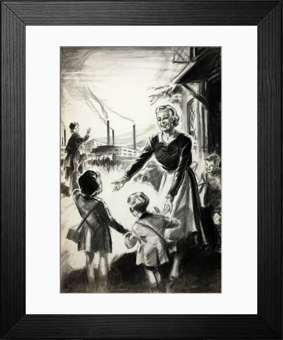 Framed Print : If you can't go to the factory help the neighbour... WWII Childminding poster Framed Print : If you can't go to the factory help the neighbour... WWII Childminding poster