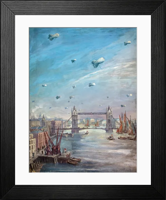 Framed Print : Barrage balloons over the Thames, between 1939 and 1946. Creators: Central Office of Information, Eve Kirk