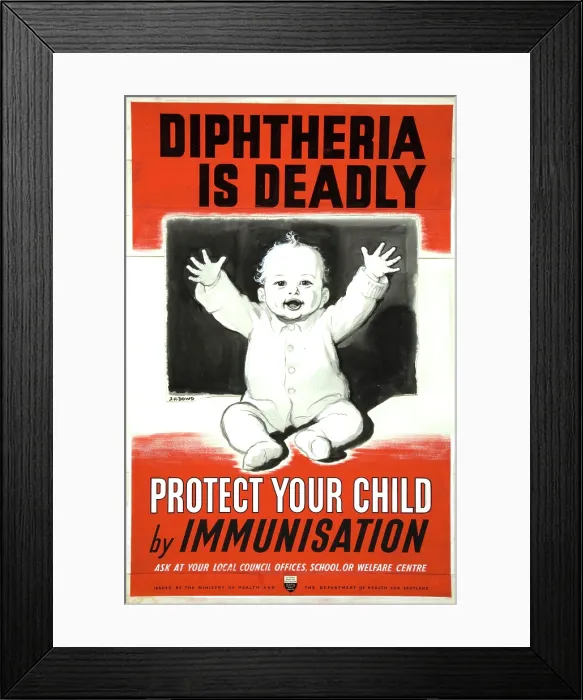 Framed Print : Diptheria is deadly. Protect your child by immunisation, WWII poster, between 1939 and 1946 Framed Print : Diptheria is deadly. Protect your child by immunisation, WWII poster, between 1939 and 1946