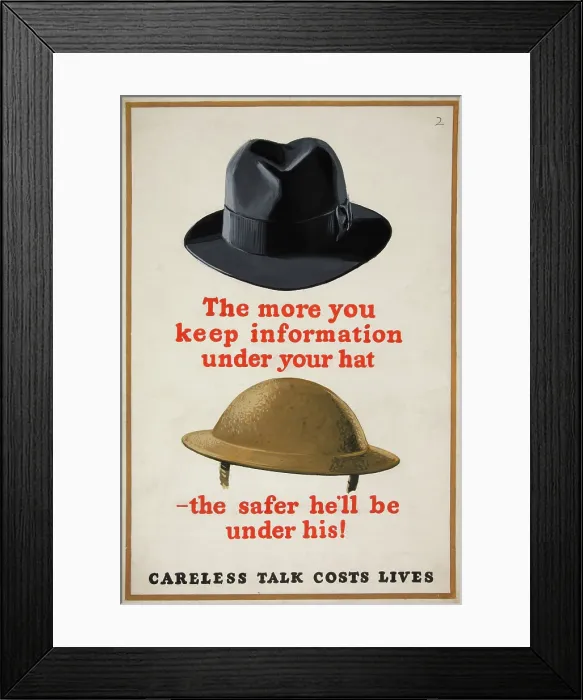 Framed Print : The more you keep information under your hat - the safer... WWII poster, between 1939 and 1946 Framed Print : The more you keep information under your hat - the safer... WWII poster, between 1939 and 1946