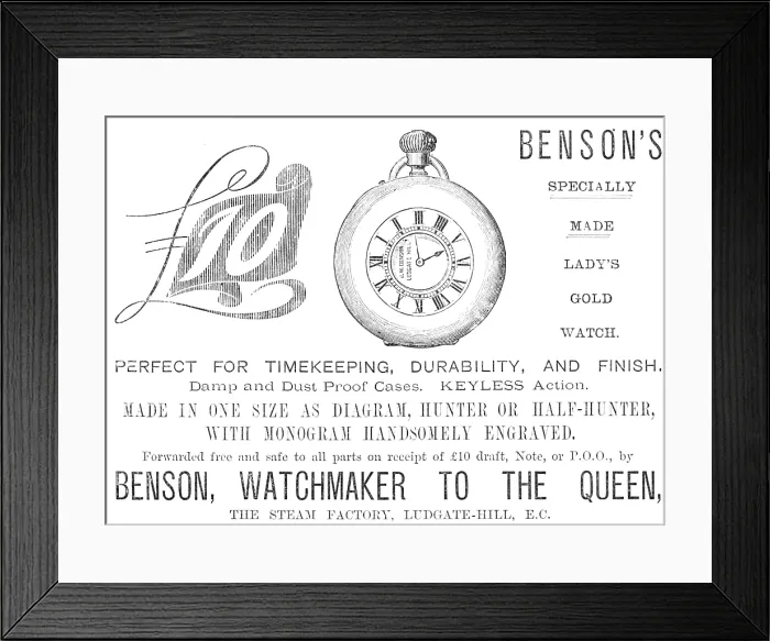 Framed Print : Advertisement for Benson's watches, 1883. Creator: Unknown. Advertisement for Benson's watches, 1883. Creator: Unknown Framed Print : Advertisement for Benson's watches, 1883. Creator: Unknown. Advertisement for Benson's watches, 1883. Creator: Unknown