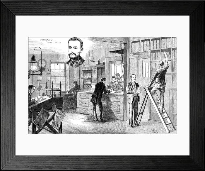 Framed Print : Sketches in Scotland-Yard: Convict Office for ticket-of-leave men...under police supervision, 1883. Creator: Unknown