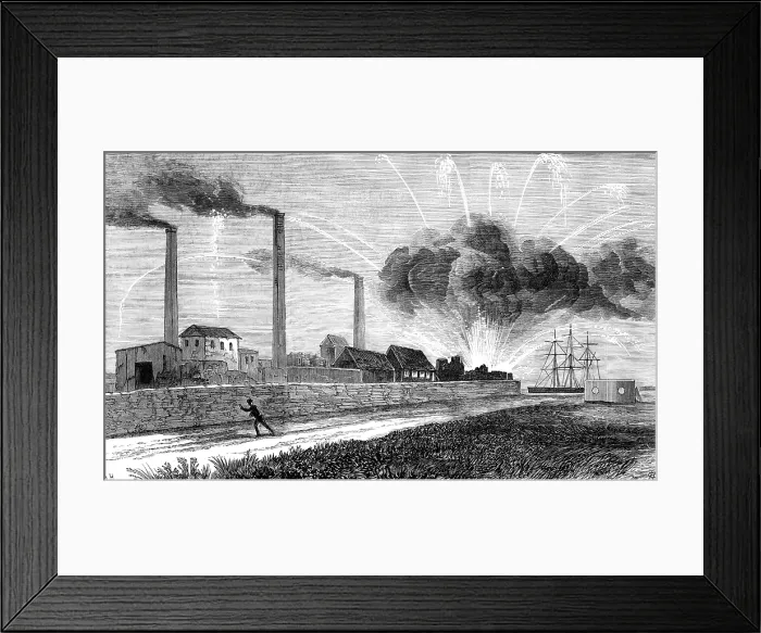Framed Print : The Explosion of the Rocket Factory at Woolwich Arsenal, as seen from Plumstead Marshes, 1883. Creator: Unknown