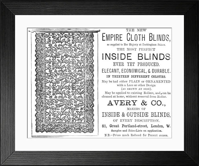 Framed Print : The new Empire Cloth Blinds, 1883. Creator: Unknown Framed Print : The new Empire Cloth Blinds, 1883. Creator: Unknown