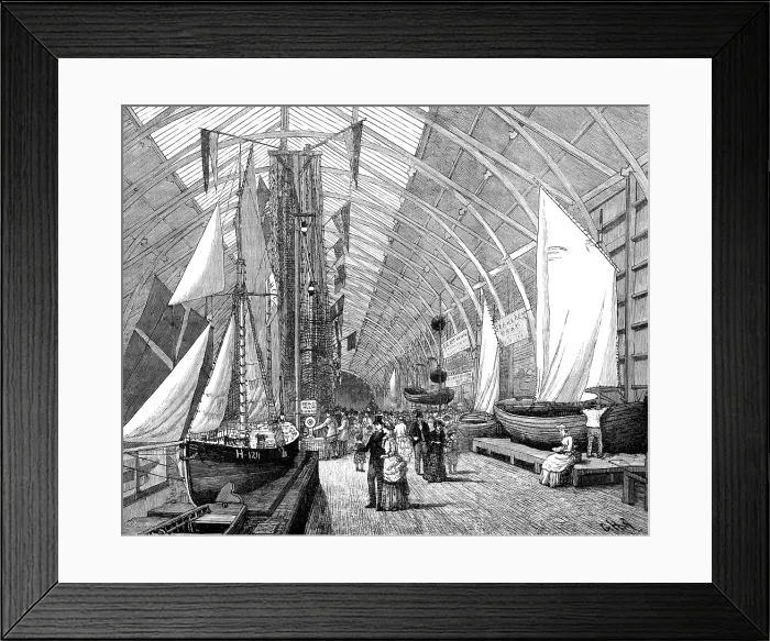 Framed Print : The International Fisheries Exhibition: boats and nets in the British Sea Fisheries Gallery, 1883. Creator: John Greenaway