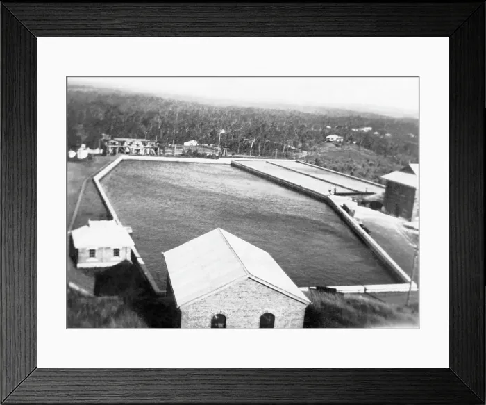 Framed Print : Mt Crosby Reservoir, Pumping Stations and Filter beds, 1925. Creator: Jack Bain Framed Print : Mt Crosby Reservoir, Pumping Stations and Filter beds, 1925. Creator: Jack Bain