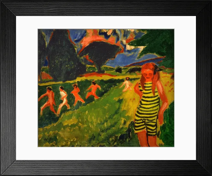 Framed Print : The black-and-yellow striped bathing suit, 1909. Creator: Max Pechstein