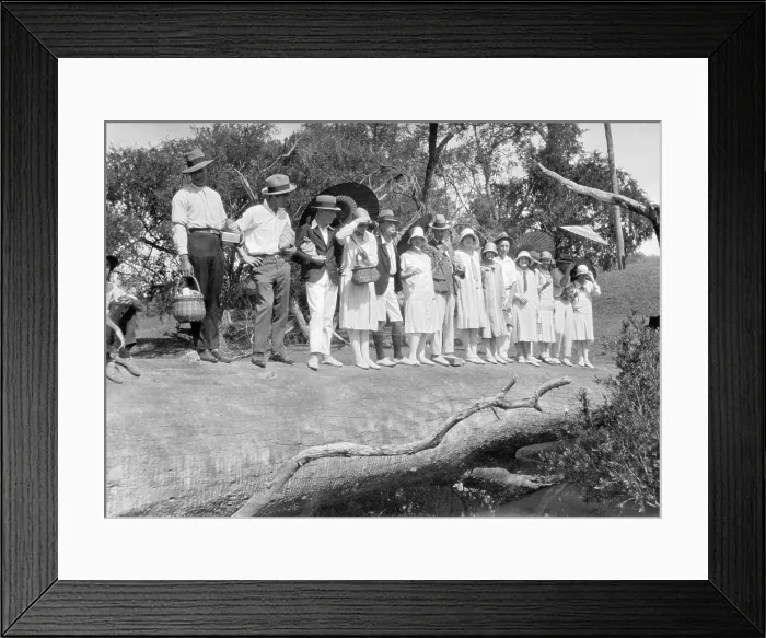 Framed Print : Picnic party on a log over Cressbrook Creek, 1925. Creator: Jack Bain Framed Print : Picnic party on a log over Cressbrook Creek, 1925. Creator: Jack Bain