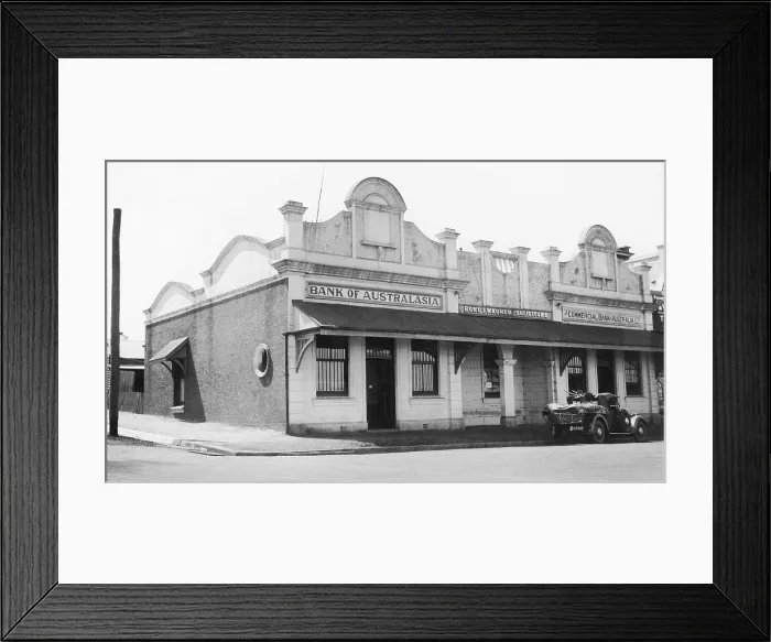 Framed Print : Bank of Australasia, corner of King and Mary Streets, Kingaroy, Queensland, 1935. Creator: Jack Bain Framed Print : Bank of Australasia, corner of King and Mary Streets, Kingaroy, Queensland, 1935. Creator: Jack Bain