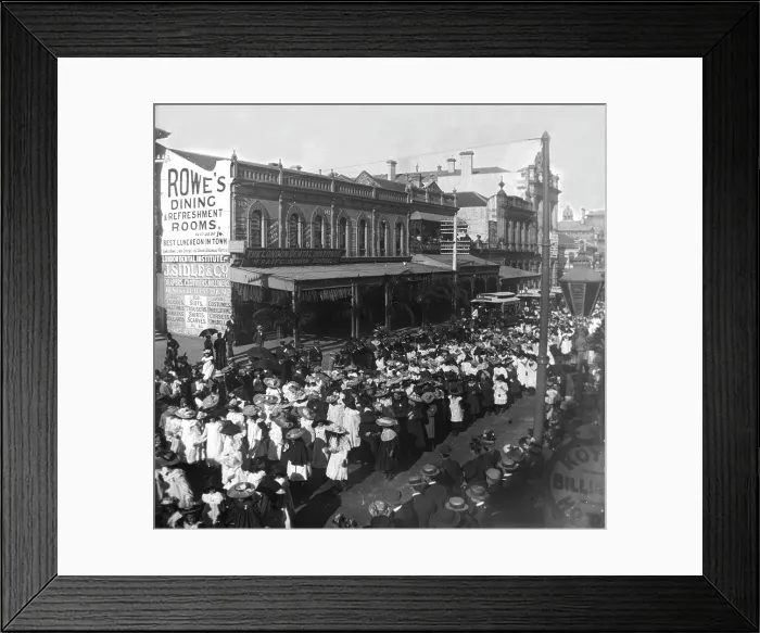 Framed Print : Procession of girls and women out the front of 142, Queen Street corner Edward Street, 1905 Framed Print : Procession of girls and women out the front of 142, Queen Street corner Edward Street, 1905
