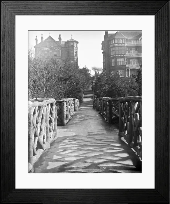Framed Print : Chine Hall and White Lodge Hotel from the Rustic Bridge, Boscombe Chine and Gardens... 1900 Framed Print : Chine Hall and White Lodge Hotel from the Rustic Bridge, Boscombe Chine and Gardens... 1900